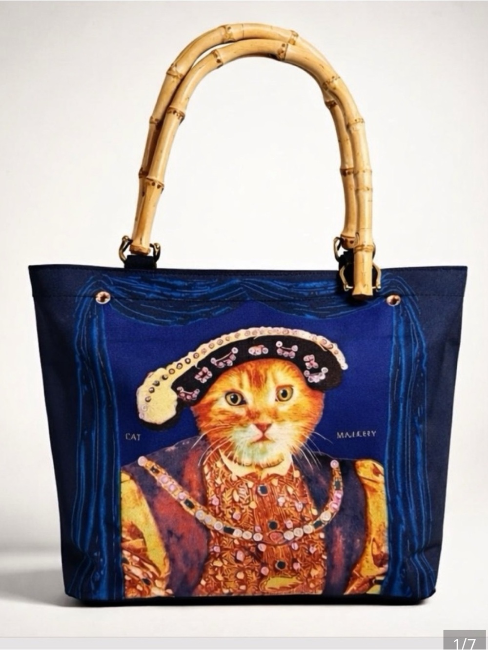 Vintage Salamander Graphix Henry VIII cat Canvas shopping tote w/bamboo handles.